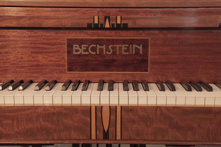 Bechstein name inlaid on fall in brass with satinwood and ebony geometric inlay accents