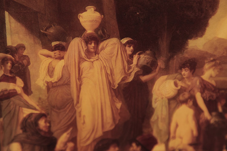 Crystoleum detail: A woman carries an urn on her head on route to a well