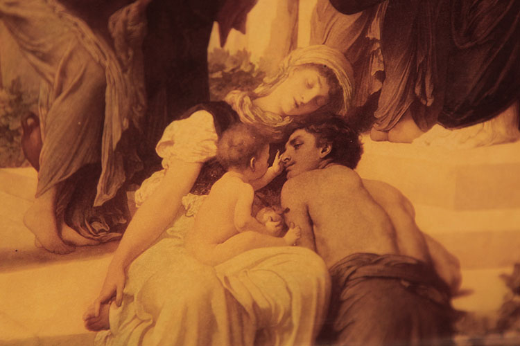 Crystoleum detail: An inquisitive baby sits on it mother's knee 