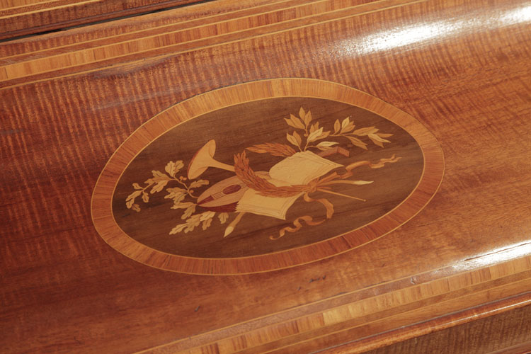 Broadwood inlaid panel on fall featuring musical instruments and foliage