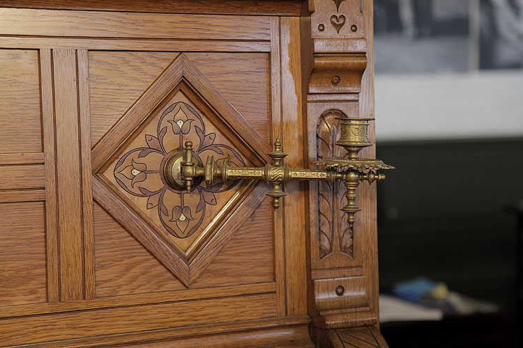 Ibach side panel inlaid with trinity tulips and ornate brass candlesticks 