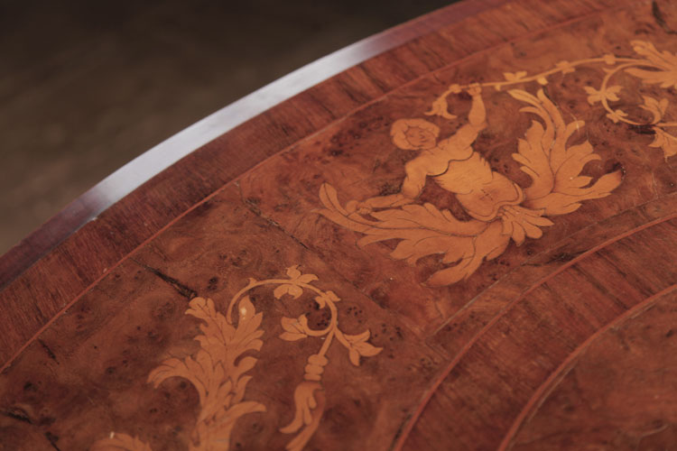 Piano lid border featuring a half figure, hibiscus flowers, scrolling tendrils and acanthus leaves