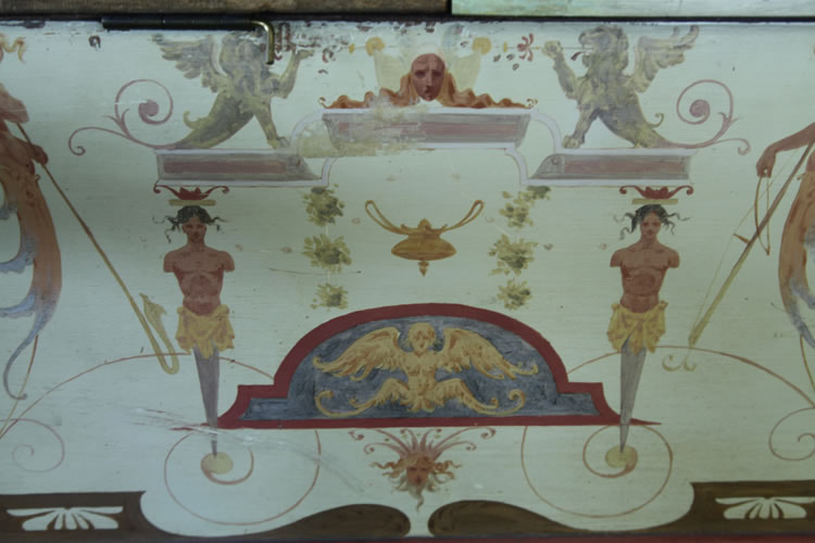 Detail of hand-painted decoration on the Pleyel piano cabinet