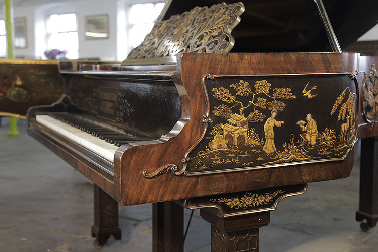 Schiedmayer serpentine piano cheek with a chinese scene in embossed black Japanning