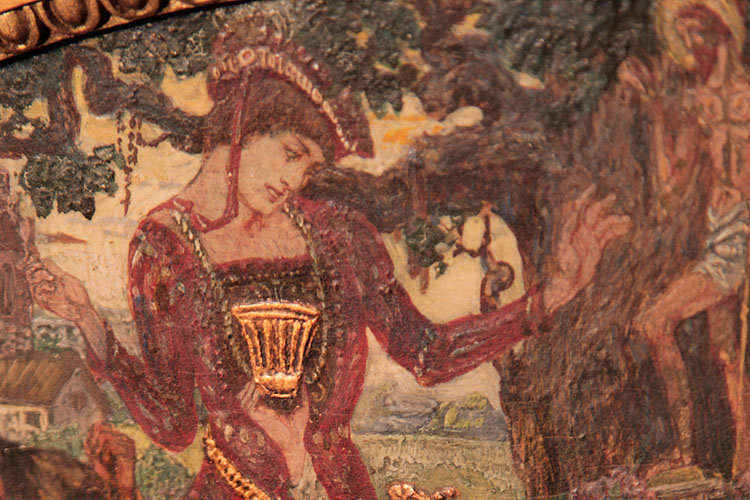 Hand-painted detail of the offering of the golden cup to the man dressed in scarlet
