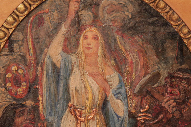 Hand-painted detail of a flaxen haired maiden vestedin blue lifting a golden dagger
