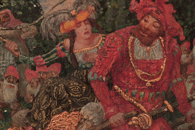 Hand-painted detail of a couple transporting golden items