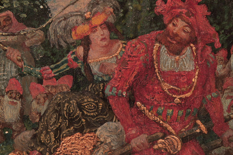 Hand-painted detail of a couple transporting golden items 