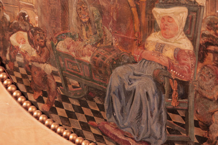 Hand-painted detail of the sleeping nurse in a chair as the babies are stolen