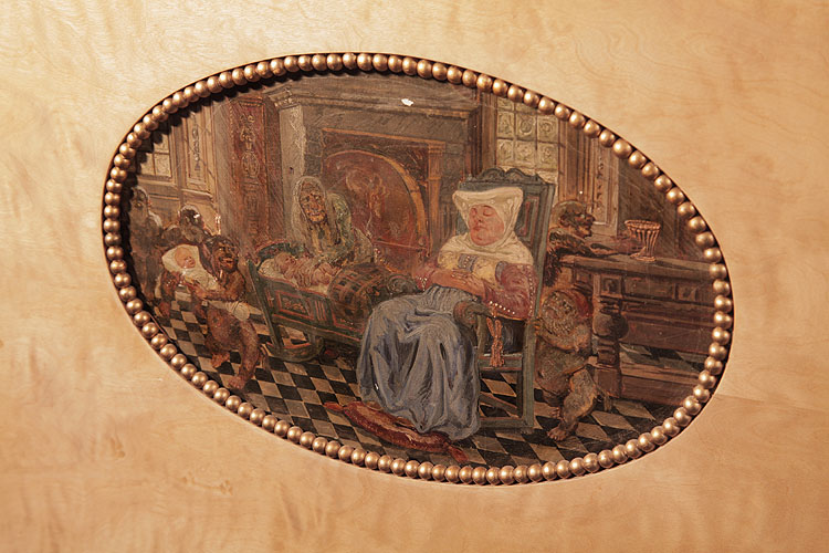 Hand-painted oval by Danish artist Gudmund Hentze featuring a night nurse asleep in a chair whilst the babies are stolen
