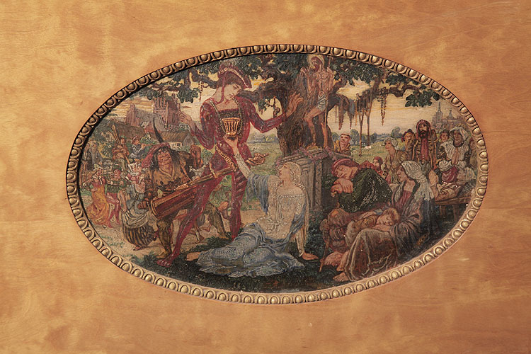 Hand-painted oval by Danish artist Gudmund Hentze featuring a reclining maiden vested in blue offering a man a golden cup beneath the boughs of a large tree