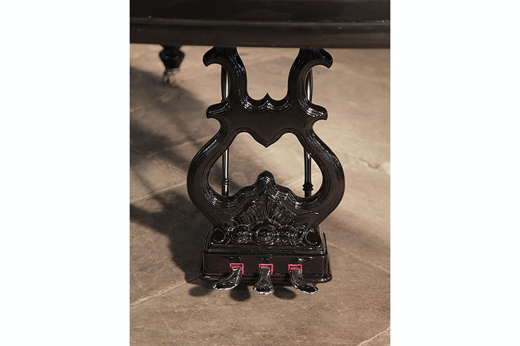 Steinway ornately carved, three-pedal piano lyre with chrome pedals