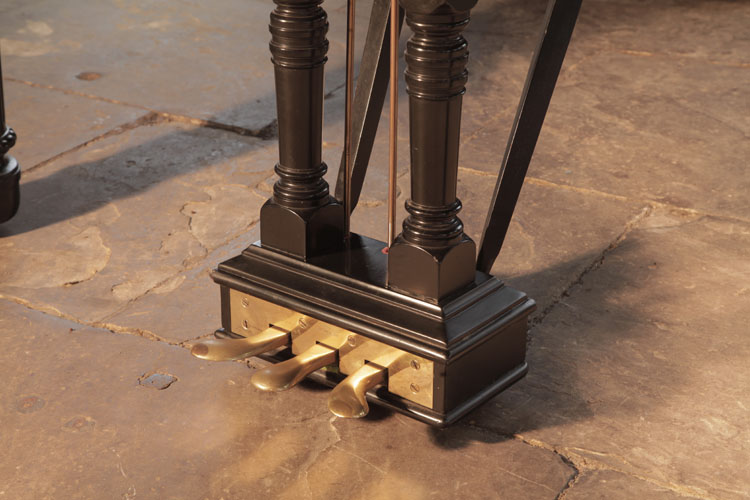 Steinway Model B three-pedal piano lyre with brass footplate and turned, fluted spindles