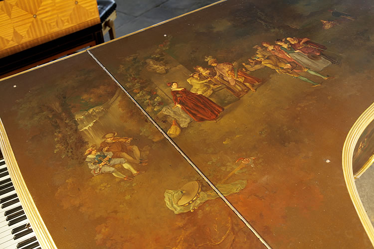 Steinway Model B piano lid hand-painted with fete galante scenes. A crownd are entertained outdoors with music whilst drinking and talking