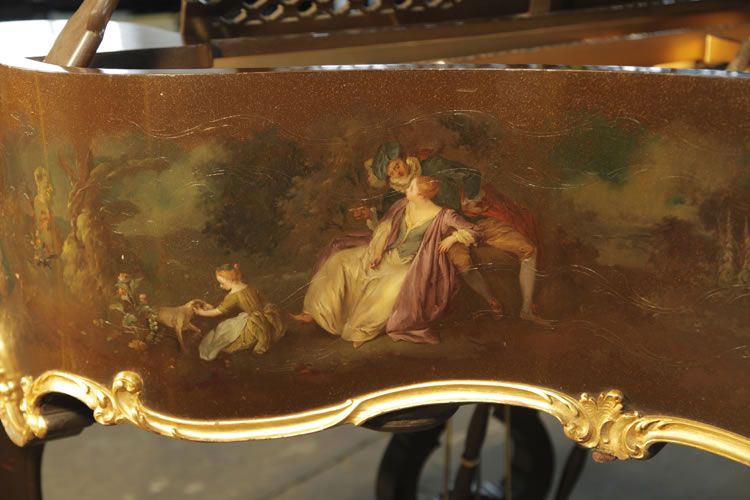 Steinway hand-painted detail. An amourous couple lounge on a bench within a countryside setting whilst nearby a child plays with a small dog 