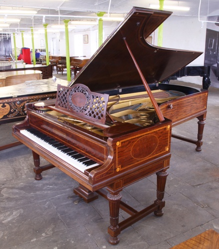Golden Age of Pianos. A 1907, Bechstein Model E grand piano for sale with a  fiddleback mahogany case with  satinwood and boxwood stringing inlay