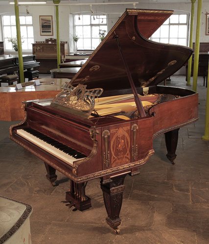 Golden age of pianos. Unique, 1899 Bluthner grand piano with a rosewood case. Cabinet decorated with Art Nouveau and Empire style elements. It was showcased at the 1900 Paris Exposition Universelle. Piano bought by King Edward VII and Queen Alexandra in the Coronation year of 1902 to be situated in the ballroom of Malborough House.