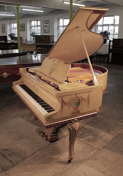 Beuloff grand piano for sale with a cream case with cabriole legs. Entire cabinet hand-painted in Empire style motifs 