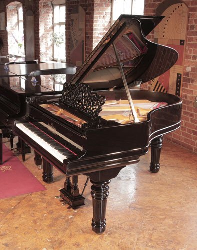 The Golden Age of Pianos. Rebuilt, 1895, Steinway Model A grand piano for sale with a black case and fluted, barrel legs