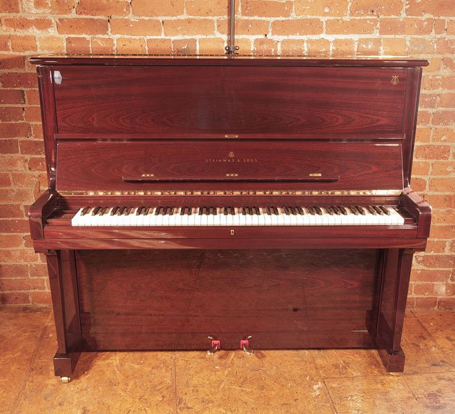 Reconditioned, 2007, Steinway Model K upright piano for sale with a mahogany case and brass fittings