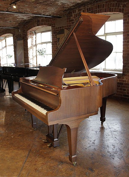 Restored, 1961, Steinway Model M grand piano with a satin, walnut case and spade legs