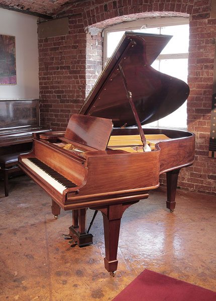 Restored, 1906, Steinway Model O grand piano for sale with a mahogany case and spade legs. Piano has an eighty-eight note keyboard and a two-pedal lyre. .