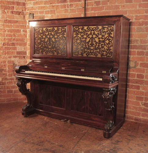 Golden Age of Pianos. World's Oldest, 1862, Steinway upright piano for sale with a polished, rosewood case carved, reverse scroll legs. The oldest surviving upright Steinway in the world, a unique collector's piece. 