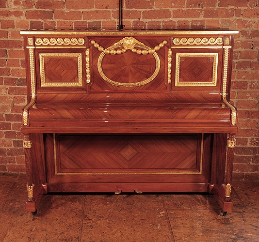 Golden Age of Pianos. Rebuilt 1912, Steinway Vertegrand upright piano with a carved, quartered walnut case with gold accents. Commissioned for RMS Olympic Liner sister to the Titanic. Design by Aldam Heaton & Co